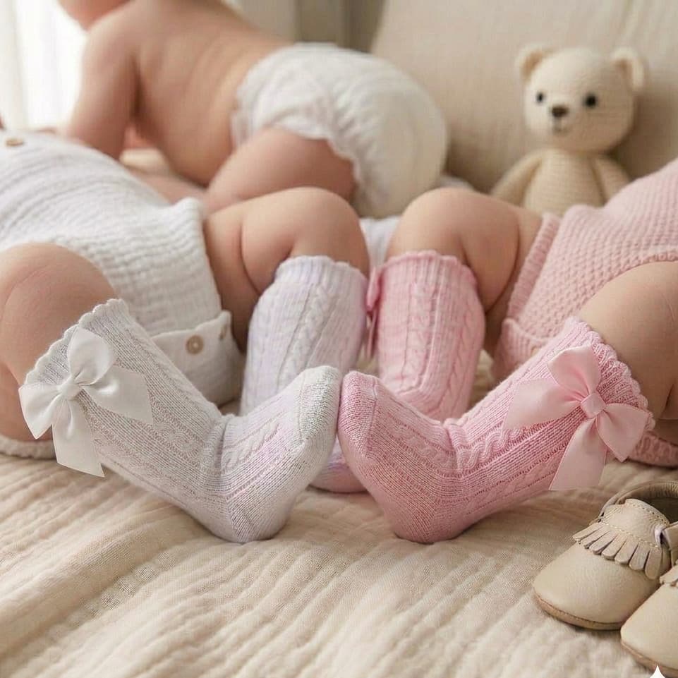 Kit 2 Meias Com Laço 3/4 Até o Joelho Infantil Menina Kids Para Festas Formatura e Batizado Branca e Rosa Bebê