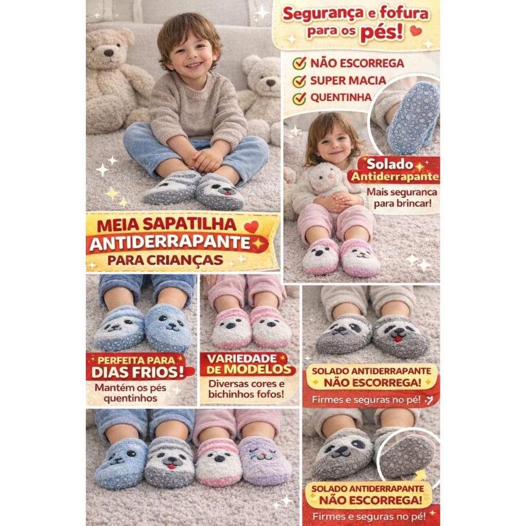 Kit Meia Sapatilha Antiderrapante Bebe E Infantil Menina E Menino Estampas Variadas Quentinhas