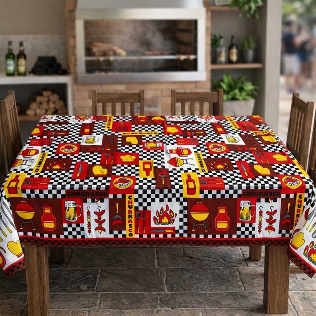 Toalha de Mesa 4, 6 e 8 Lugares Tecido Oxford Premium Estampa de Churrasco para Cozinha Área Gourmet
