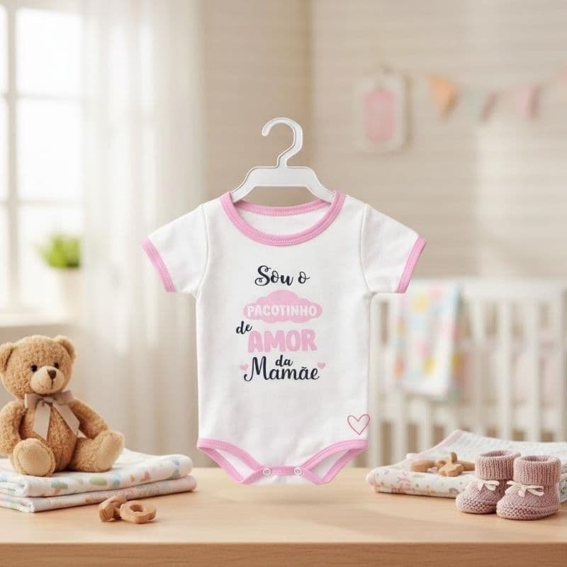 Body Bebê Menina Frase “Sou o Pacotinho de Amor da Mamãe” Algodão Confortável Recém-Nascido