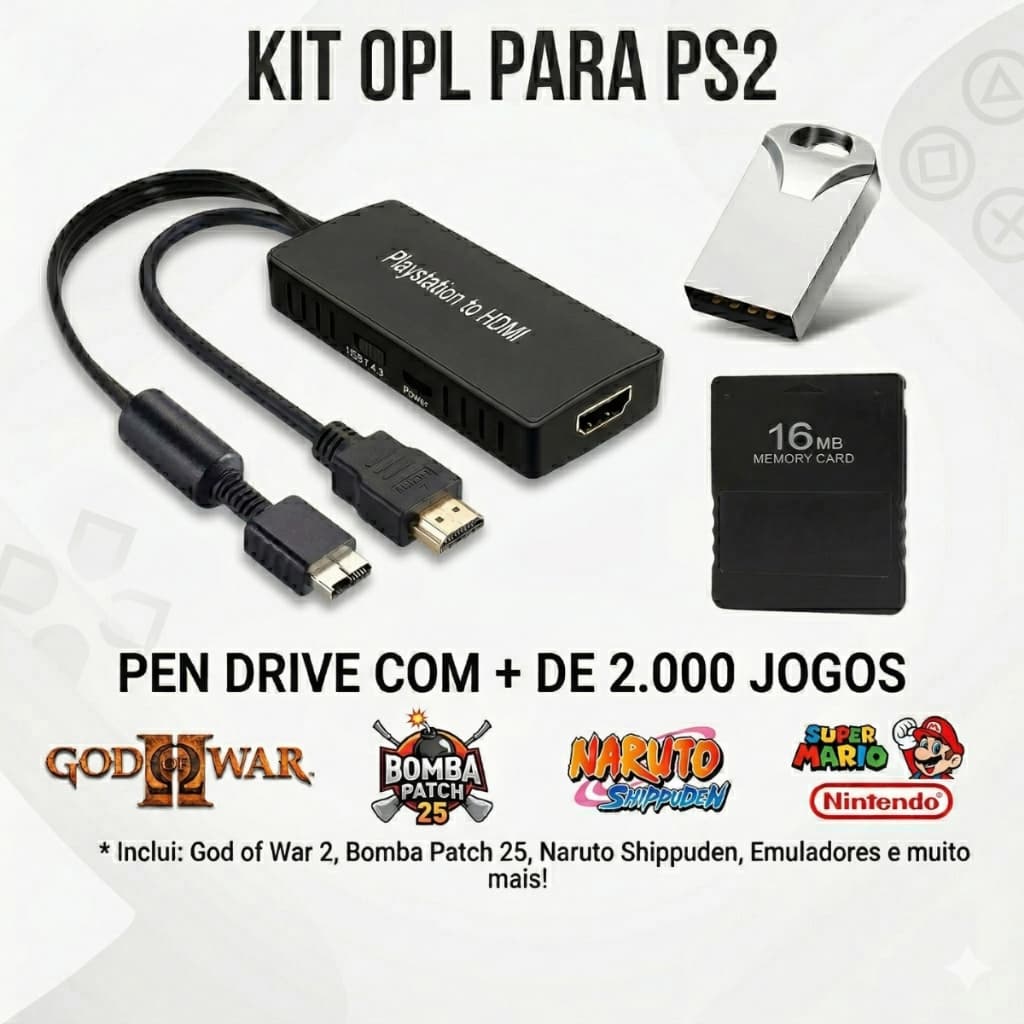 Kit OPL para Playstation 2 PS2 Play 2 + Pendrive 2000 Jogos + Memory Card + Cabo Hdmi + Conversor HDMI