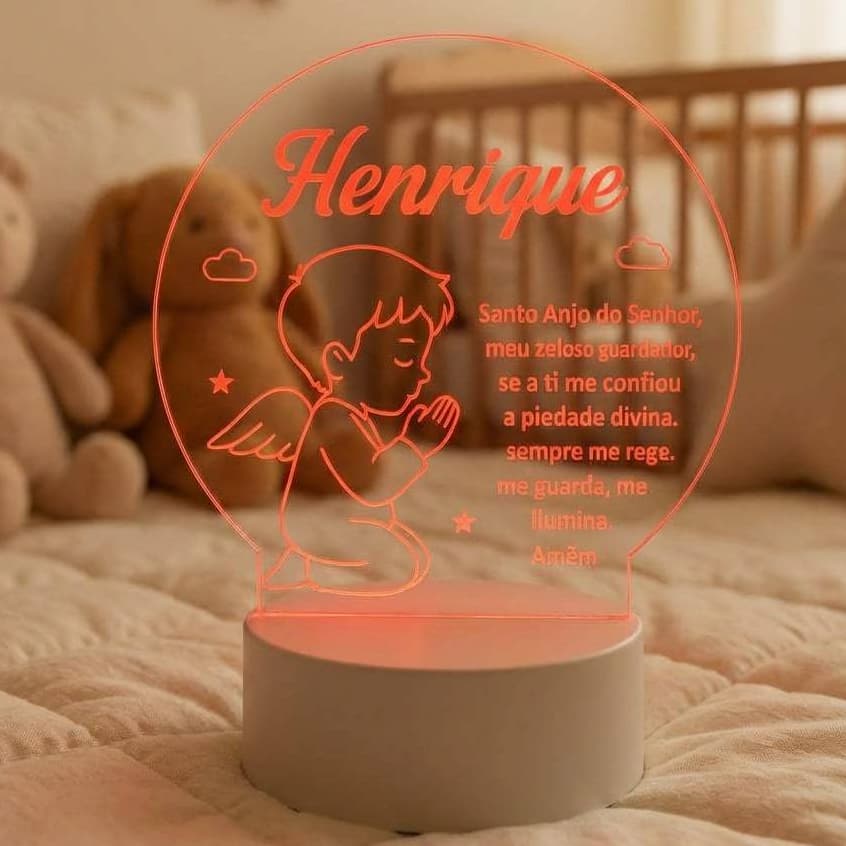Luminária LED 3D Oração Santo Anjo Menino Abajur Decoração Personalizada Para Presente