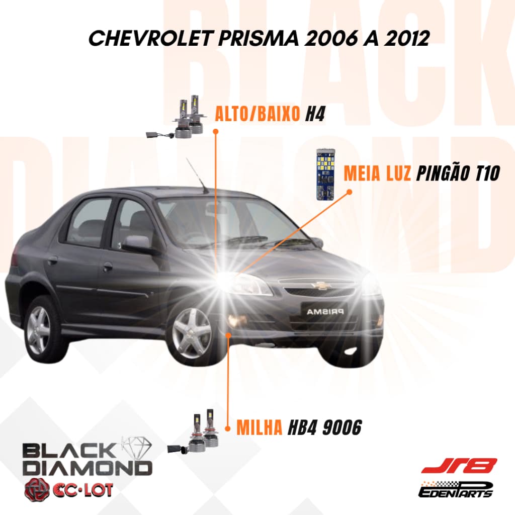 Kit Lampadas Farol LED Chevrolet Prisma 2006 a 2012 JR8 BlackDiamond HB4 H4 6000K + Lâmpada Pingão T10 21 LED