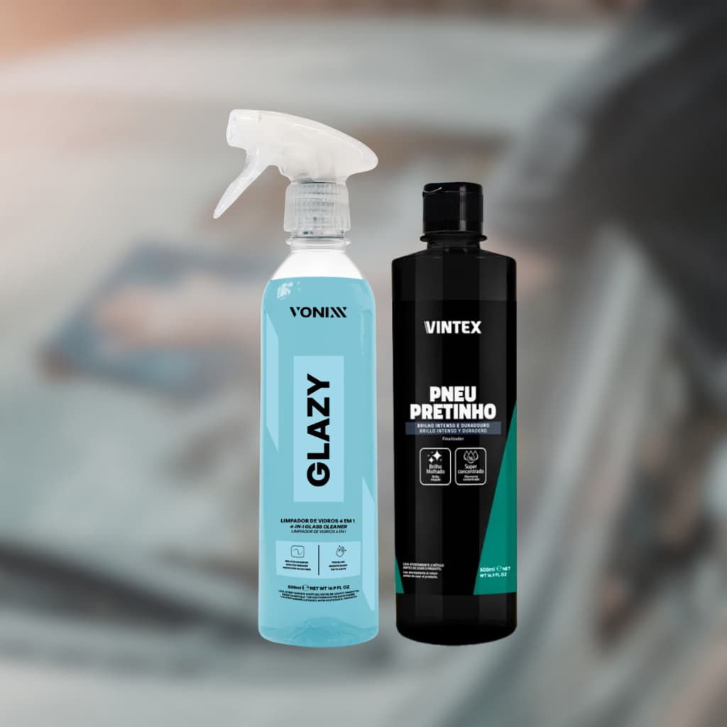 Kit Pneu Pretinho Vintex 500ml + Glazy Vonixx Limpa Vidros 4 em 1 Brilho Pneus e Vidros Automotivo