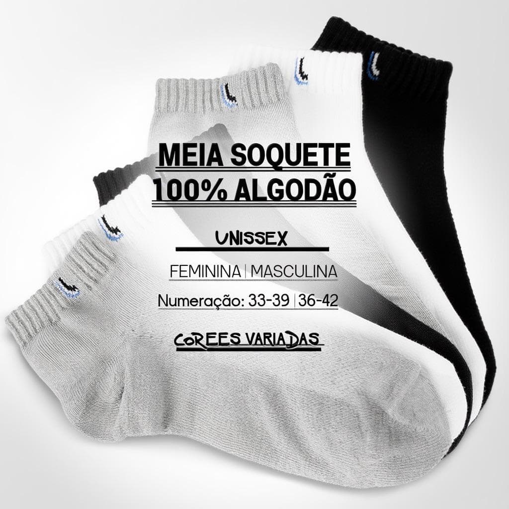 Meia Soquete 100% Algodão 12 Pares Cano Baixo Unissex Macia