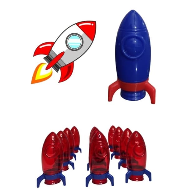 Kit Foguete Lembrancinha Azul Vermelho Baleiro Tubete Acrilico Aniversário Astronauta Decoração Festa Infantil Pote Doce