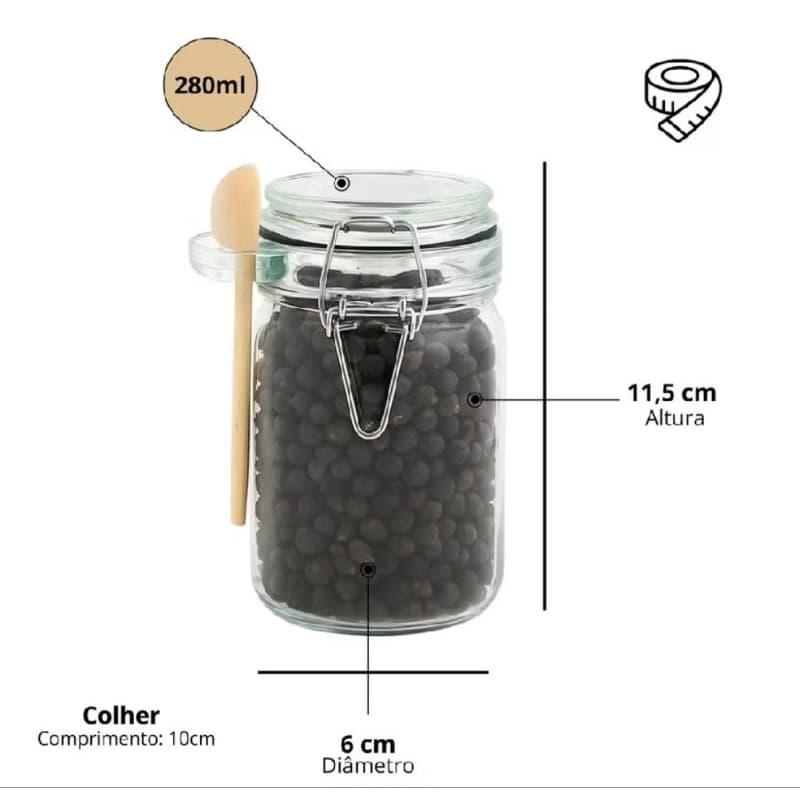 Pote De Vidro Hermético Premium Tampa Trava e Silicone de Vedação Acompanha Colher de Bambu 280 ML.