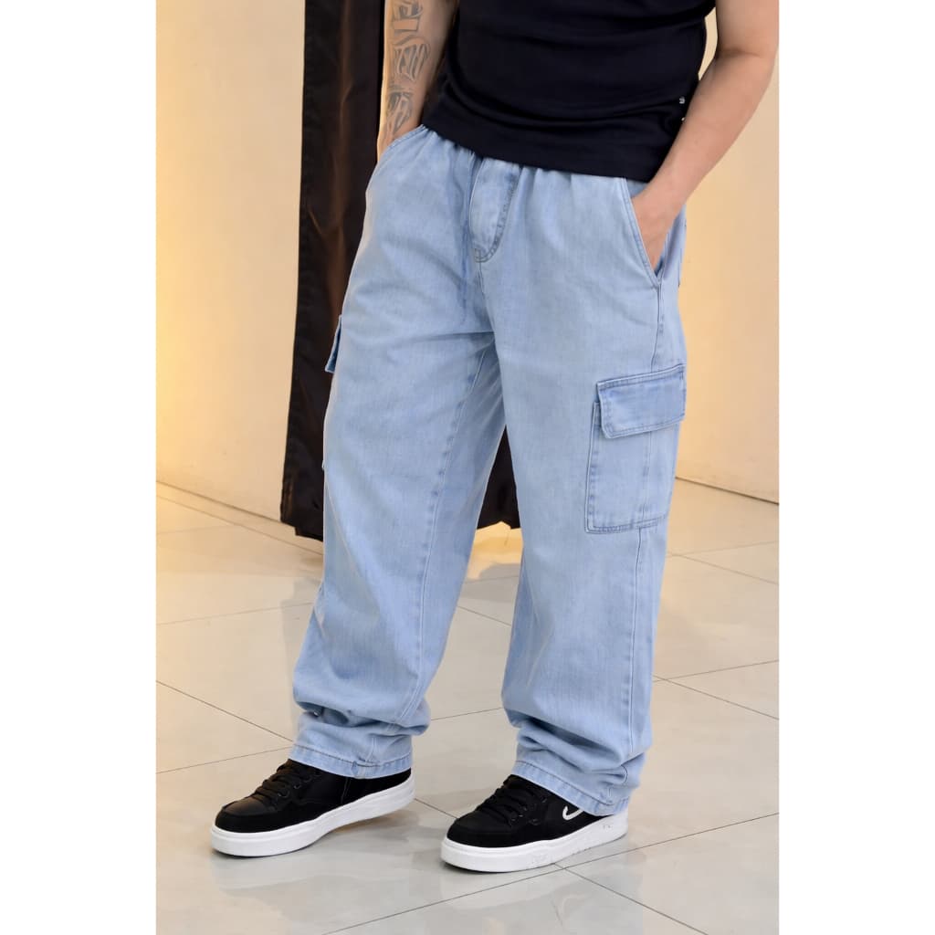 Calça Cargo Masculina Jeans Cós De Elástico Streetwear Larga