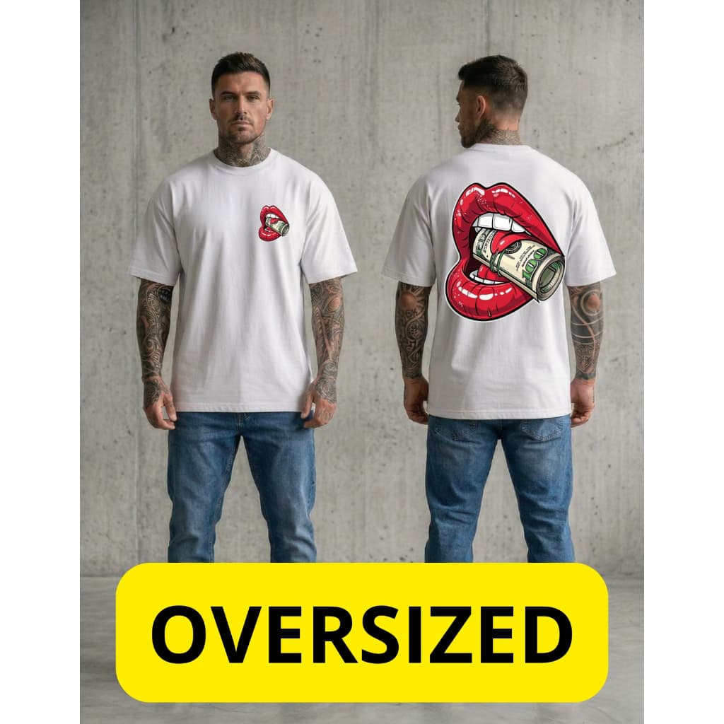 Camiseta Oversized Masculina Streetwear Estampa Boca com Nota de Dólar Gola Canelada Casual Básica
