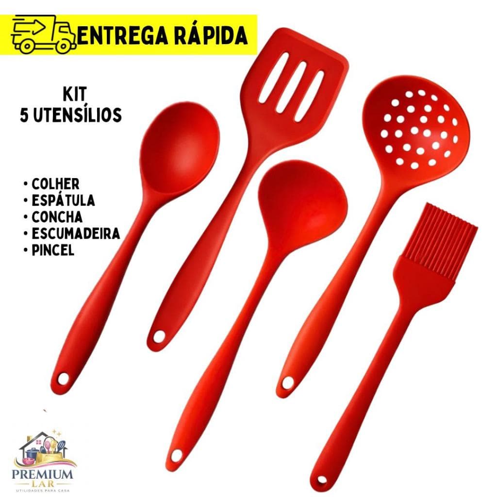 Kit C/5 Utensílios de Cozinha Silicone Catuaí - Concha Espátula Colher Escumadeira Pincel VERMELHO