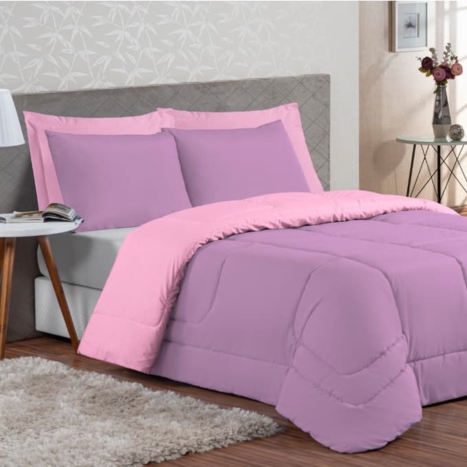 Kit Ternura Casal Queen Edredom + Jogo Lençol Lilas C/ Rosa