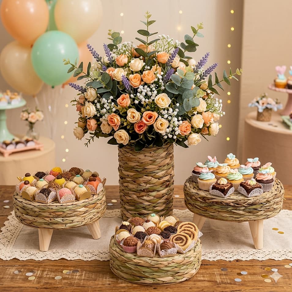 Kit festa rustico Bandeja Boleira doceira suporte Bolacha Palha taboa Decoração vaso jarro