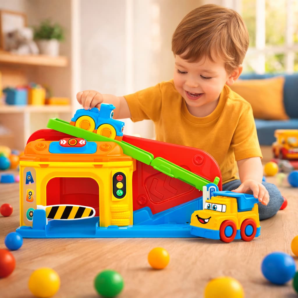 Pista de Carrinhos Infantil Happy Station com Garagem e Rampa – Brinquedo Educativo com Caminhão