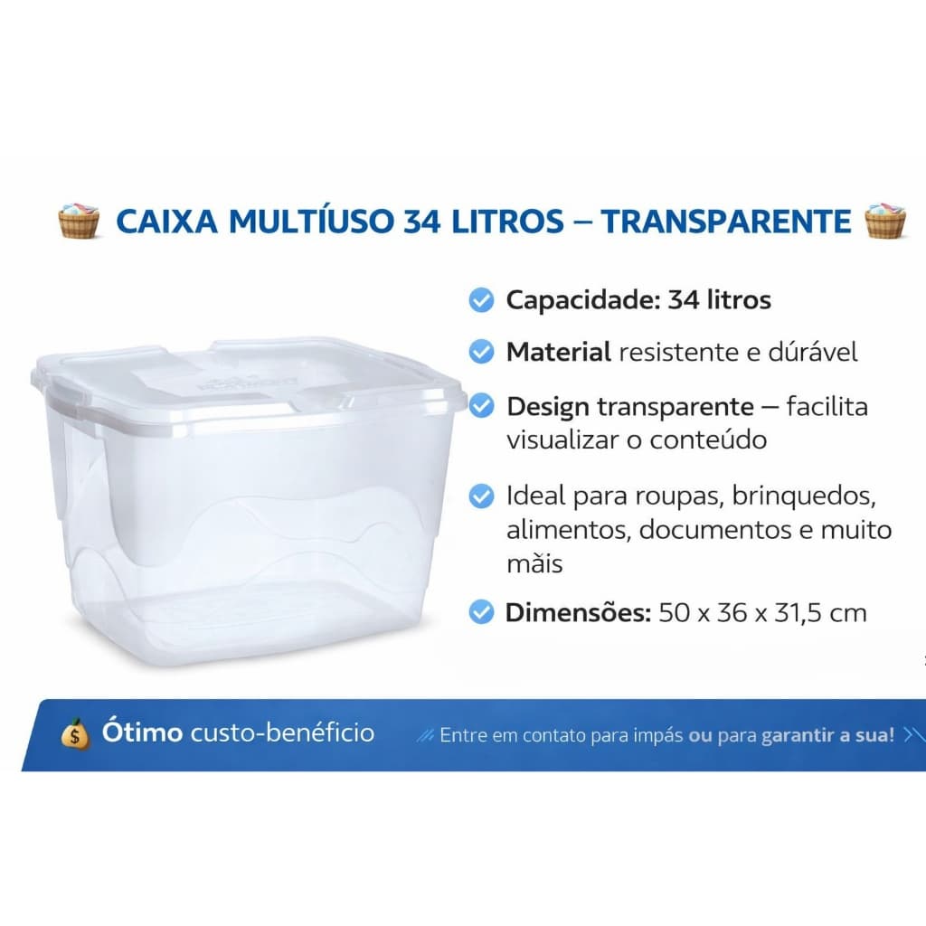 Caixa 34 Litros multiuso organizadora transparente Reforçada