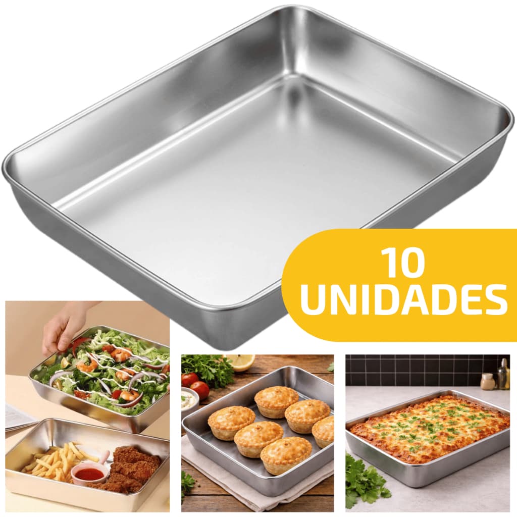 10 Bandeja Assadeira Retangular Lisa Aço Inox Alta 25,5x20,5 Cm Servir Assar Carne Bolo Aves Receita
