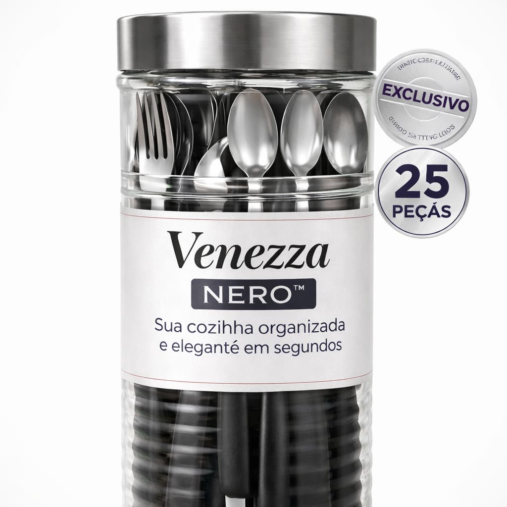 Jogo de Talheres 25 Peças com Pote de Vidro Preto Inox Cozinha Organizada Moderna Elegante