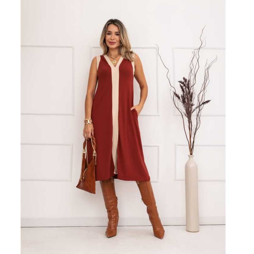 Vestido Midi Feminino Regata com Bolsos laterais Fenda frontal Moda Feminina