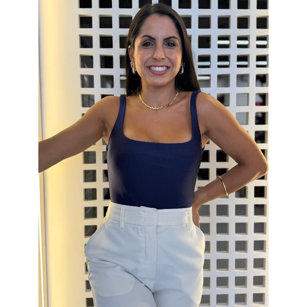 Body Eva Shine Marinho - Efeito Glow e Costas Abertas Feminino Adulto