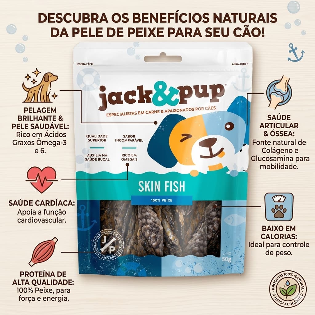 Petisco Natural Skin Fish 50g Escama pele de Peixe Desidratado Petisco Para Cachorro Cães Rico Ômega 3 Jack e Pup