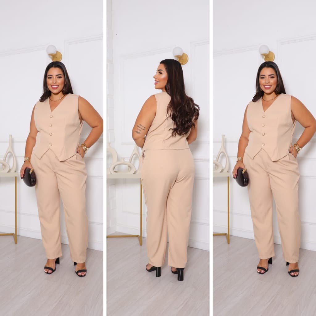 Conjunto Feminino Alfaiataria Plus Size Colete Blusa  Calça Social   Grande Premium
