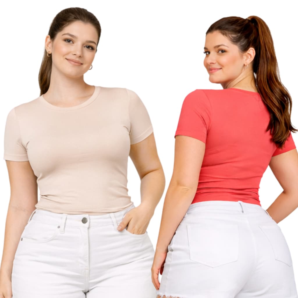 KIT 2 Blusa Feminina Plus Size Básica Manga Curta Confortável G1 46 G2 48  Blusa Plus Size Lisa Dia a Dia Versátil