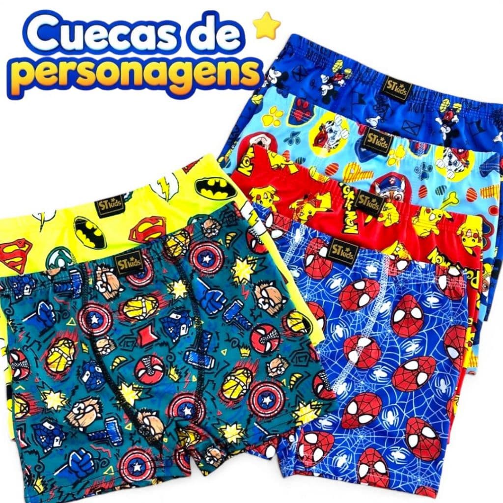 KIT CUECAS BOXER INFANTIL MALHA FRIA | ESTAMPAS SORTIDAS 4 OU 8 UNIDADES