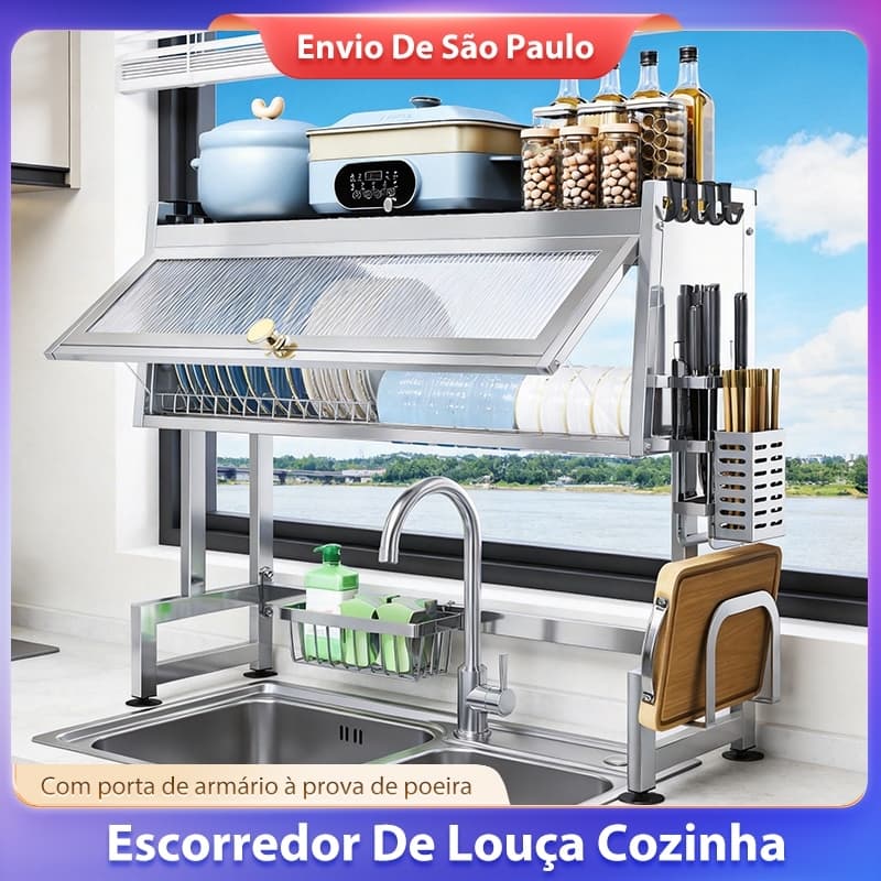 Escorredor De Louça De Pratos Cozinha Suspensa Modular Organizador Estante de Asfalto Duplo Com Porta Preto Branco