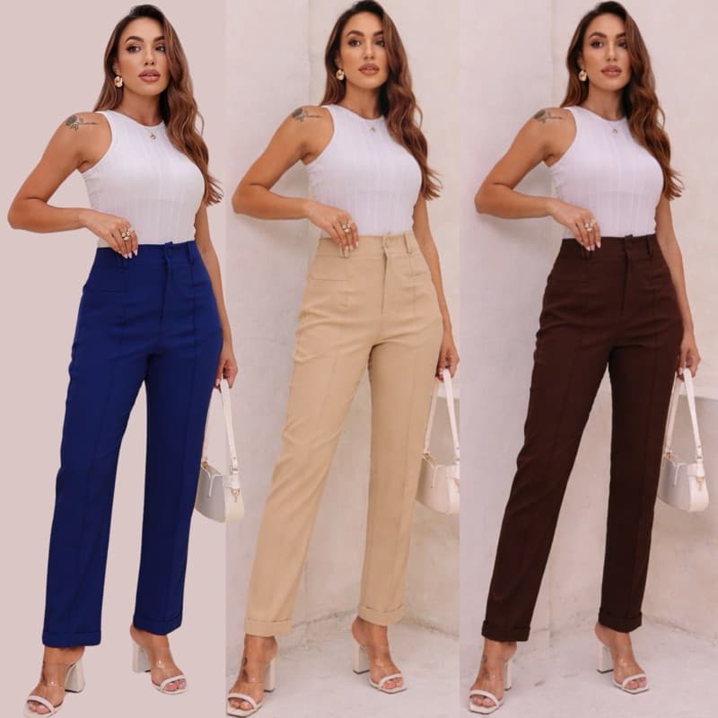 Calça Skiny Social Cintura Alta Bolso al Frente