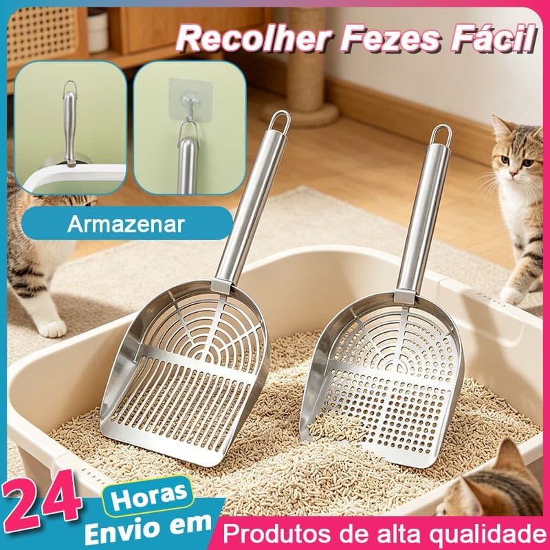 Pá Higiênica para Gatos 🐱 Aço Inox Durável – Peneira Coletora de Areia Rápida e Fácil Limpeza