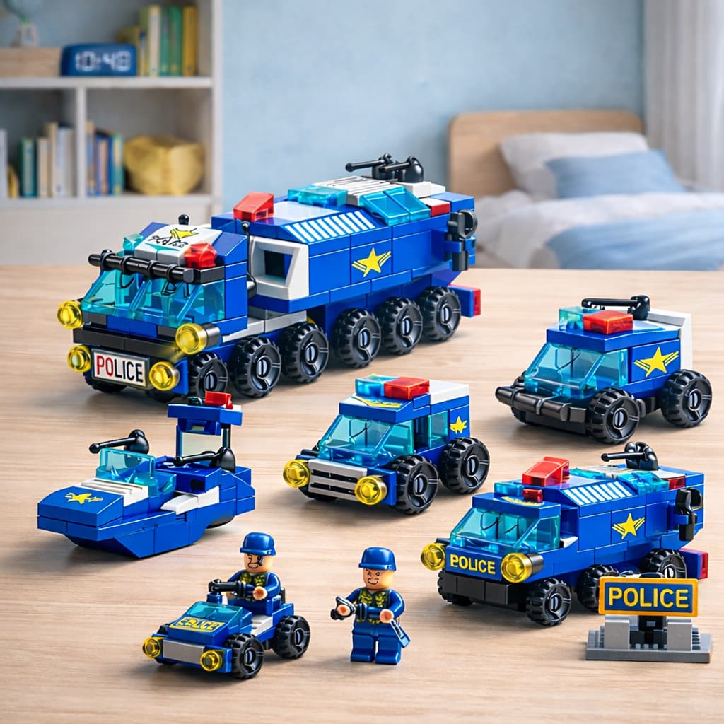 Bloco De Montar Polícia Da Cidade 6 Em 1 Kit Grande 147 Peças Viaturas Caminhão SWAT Ação Resgate Brinquedo Ligeiro