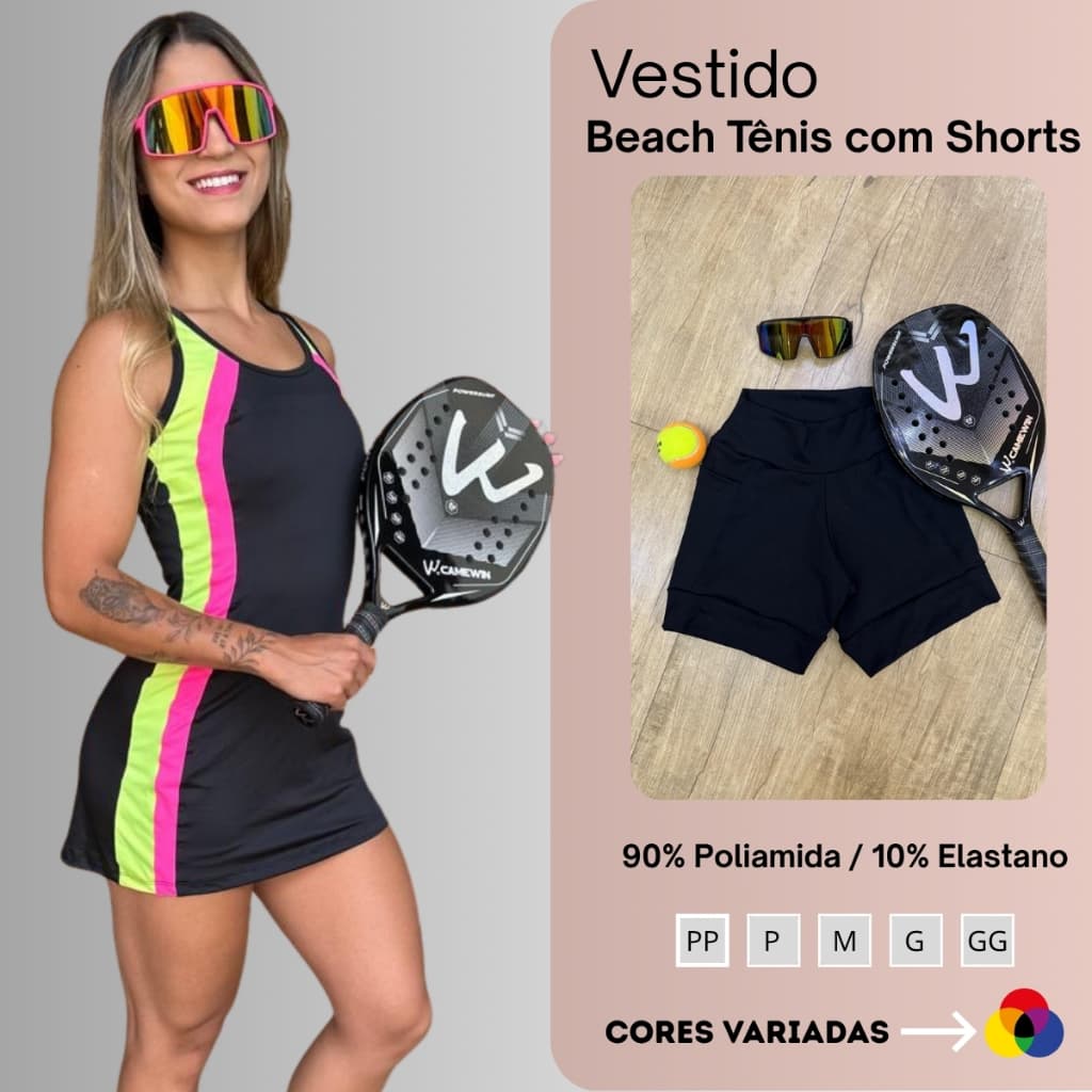 Vestido Beach Tennis Com Shorts Preto Vestido Varias Cores Detalhes Coloridos Feminino Do PP ao GG