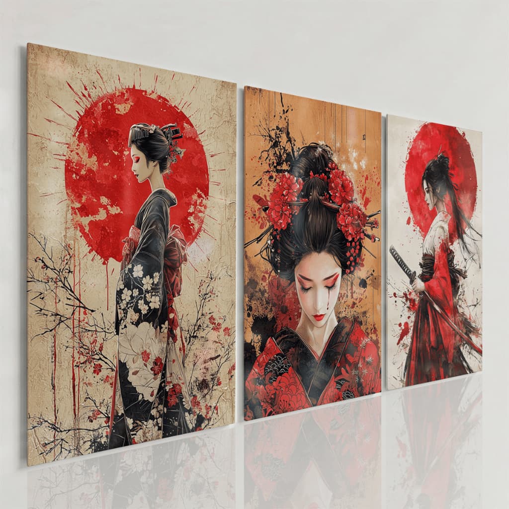 Quadros Decorativos Gueixa Japonesa Arte Oriental Vermelho Preto Floral Sala Elegante Luxo