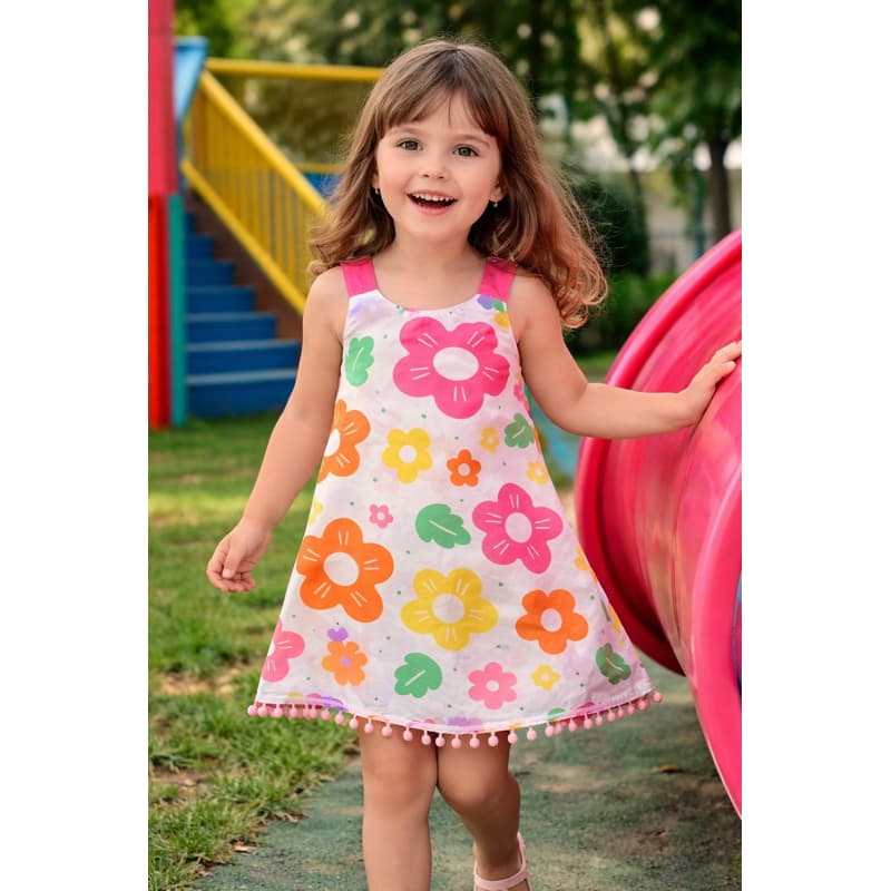 Vestido Infantil Feminino Floral Colorido com Pompom | Leve e Confortável | Moda Verão Menina