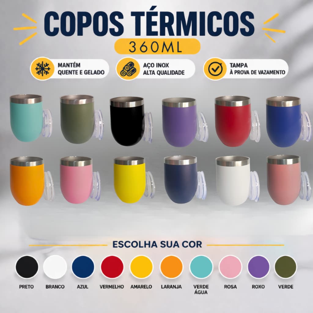 Copo Cuia Térmico Aço Inox 360ml Personalizado Tampa Acrílica