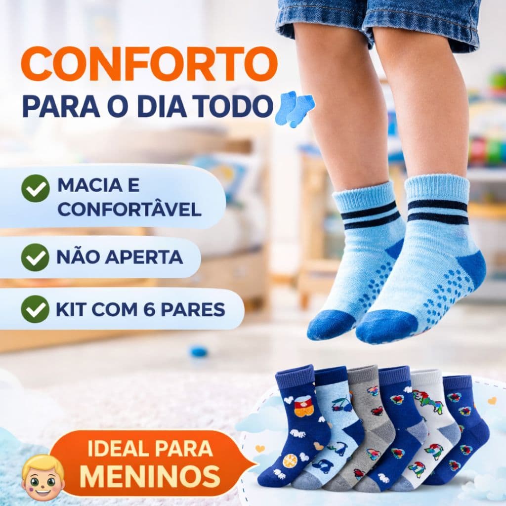 Kit 6 Pares Meia Infantil Menino Antiderrapante Algodão Confortável 0 a 8 Anos Segurança Bebê
