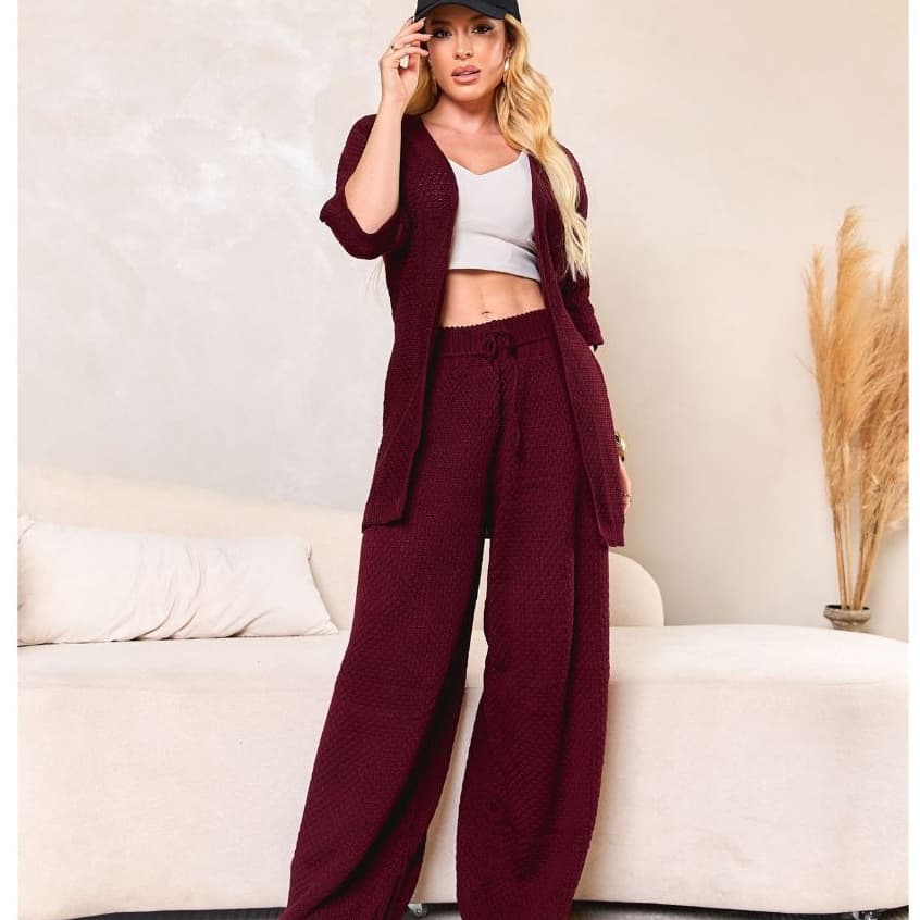 Conjunto Tricot Feminino Cardigan Kimono Manga 3/4 Calça Pantalona Roupa Feminina Inverno Feminino