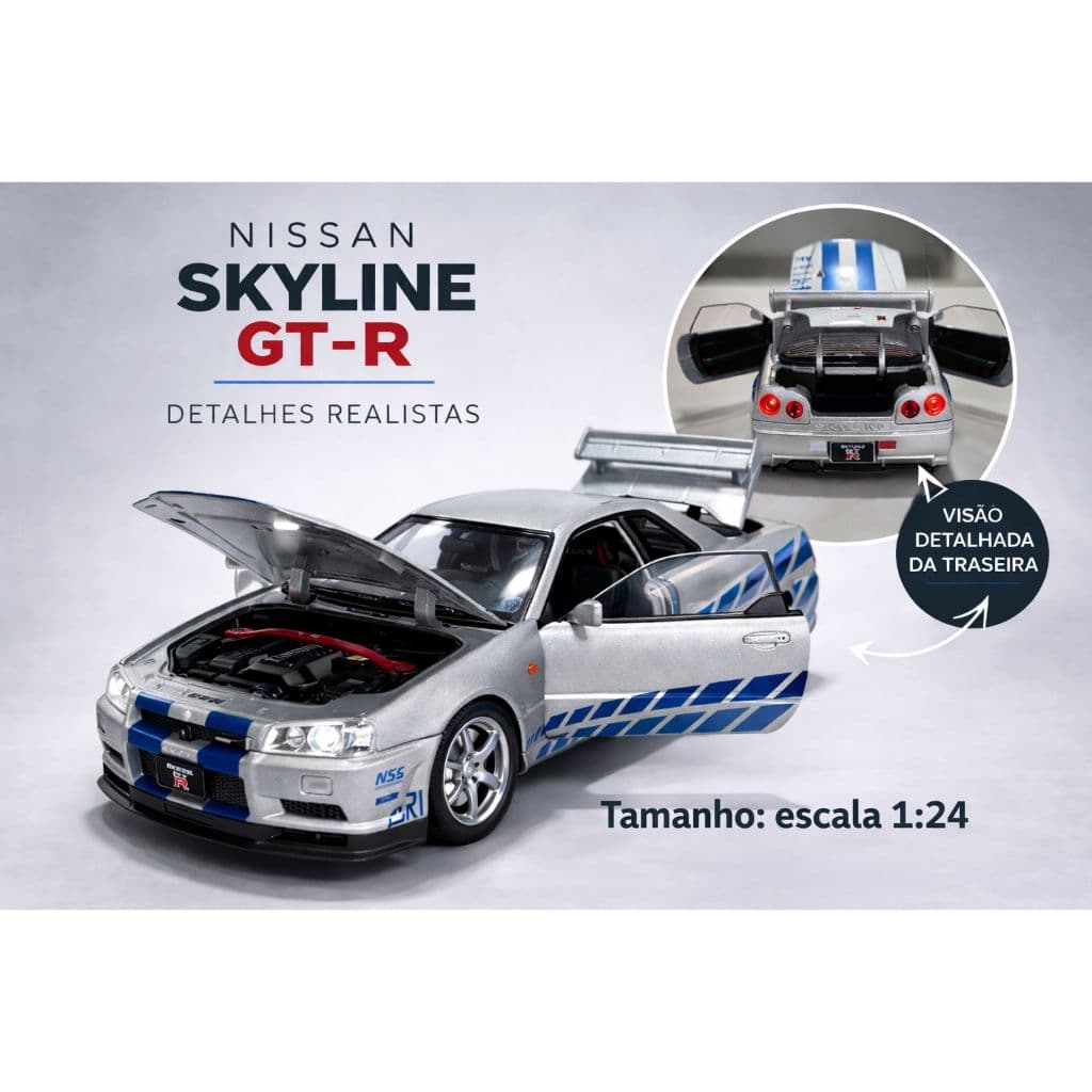 Nissan Skyline GT-R R34 Miniatura 1:24 Colecionável Com Portas Abertas