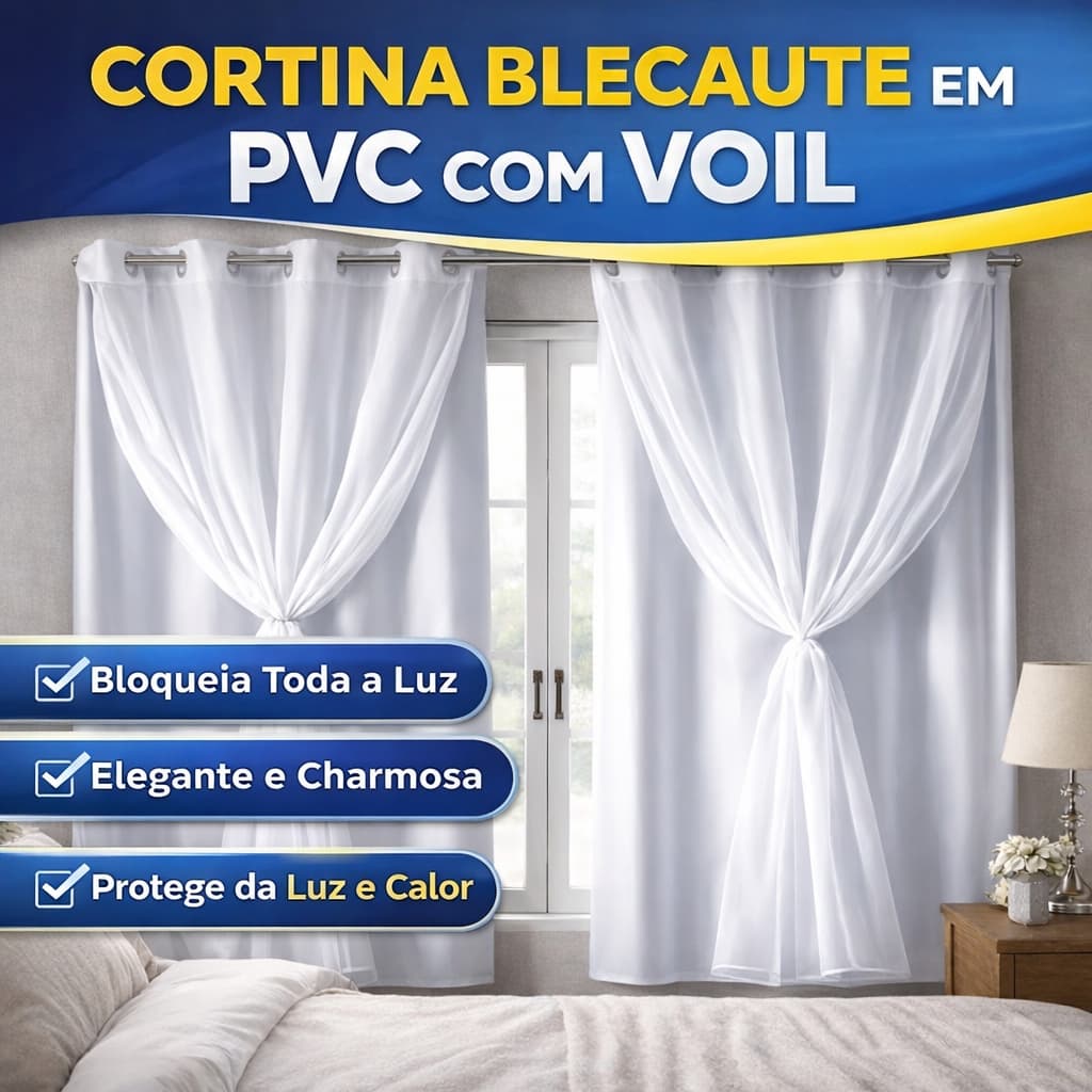 Cortina Blecaute Blackout PVC com Voil 2,80x1,60 Quarto Sala Varão Antialérgica Cobre Tudo