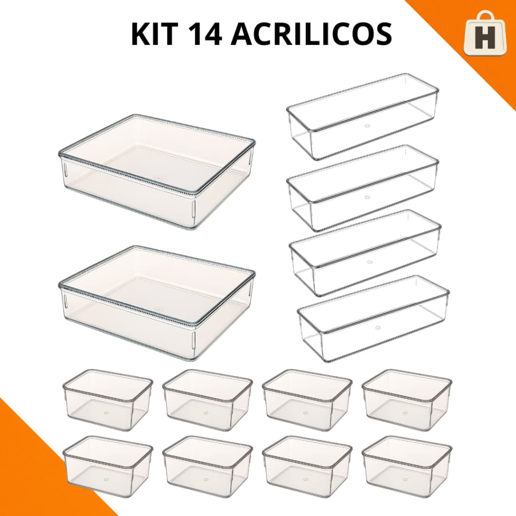 Kit 14 Organizador Modular Multiuso Acrílico Cristal Cesto Gaveta Maquiagem Geladeira