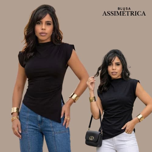 Blusa Assimétrica Feminina Gola Alta Canelada Moda Estilosa Confortável Tendência Moderna Luco