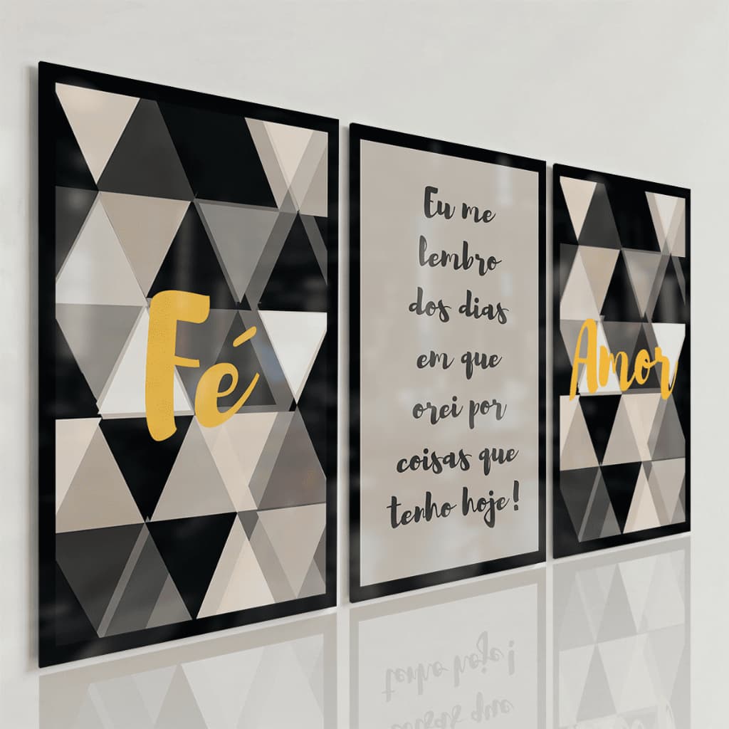 Quadros Decorativos Frases Fé Geométrico Preto Branco Dourado Moderno Sala