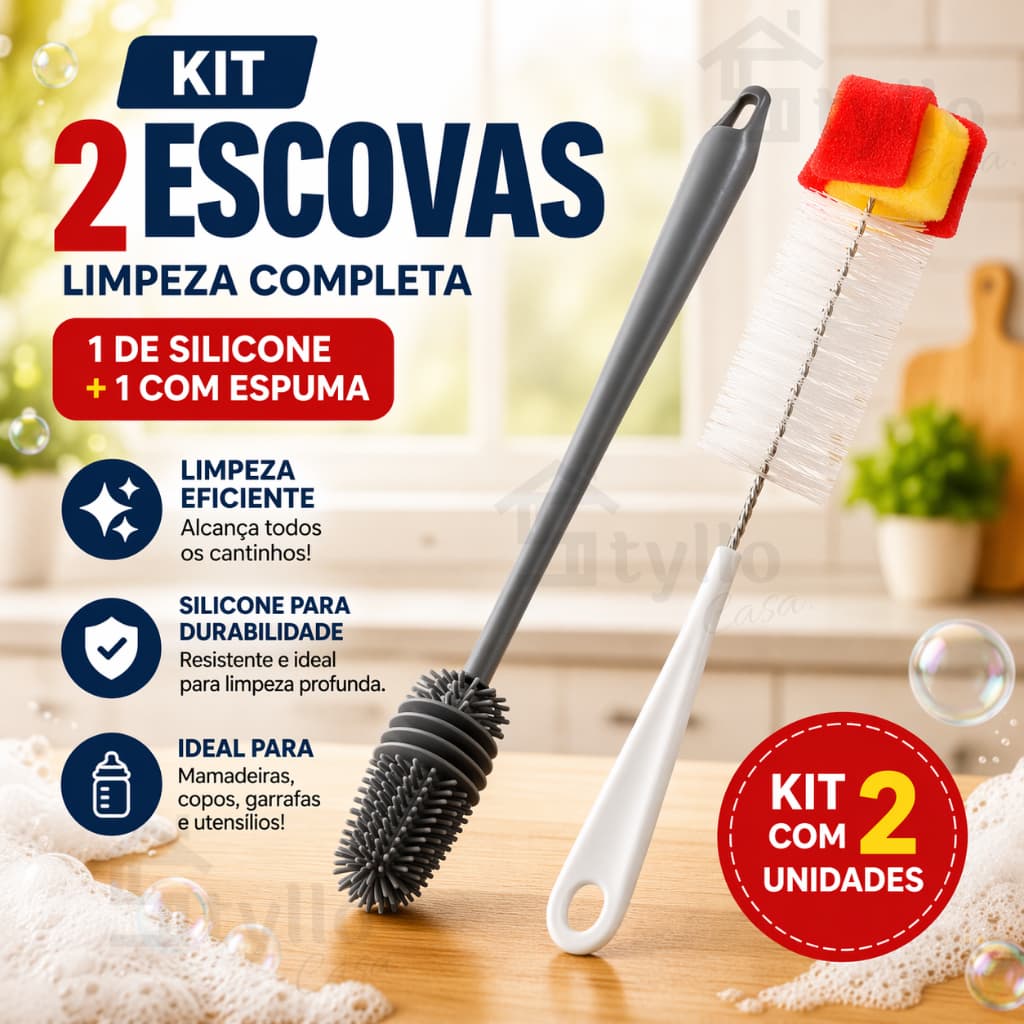 Kit 2 Escova de Limpeza Multiuso Mamadeira Garrafa Cozinha e Banheiro