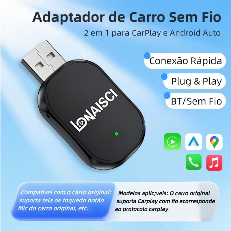 Adaptador CarPlay Adaptador Sem Fio Car Play Android Auto 2 Em 1 Usb Car Play Wireless Automático