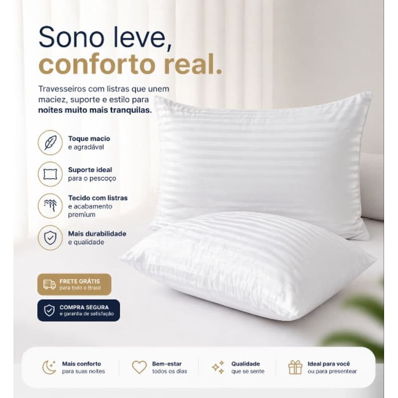 Travesseiro Aconchego  Brancos listrados– Conforto de Hotel na Sua Casa,elegância e confortável maciez noites tranquilas