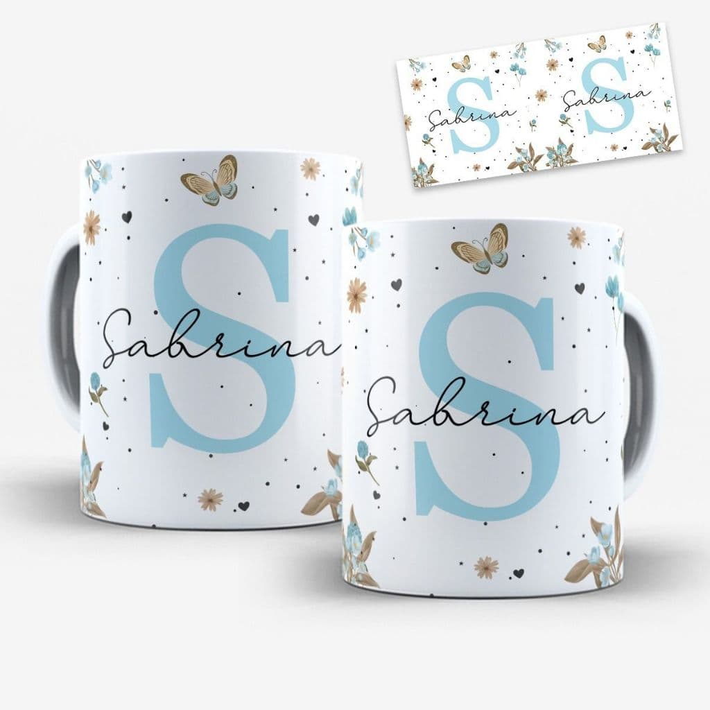 Caneca Personalizada com Nome e Inicial Floral 325 ml Presente Delicado Criativo Dia das Mães Amiga Namorada