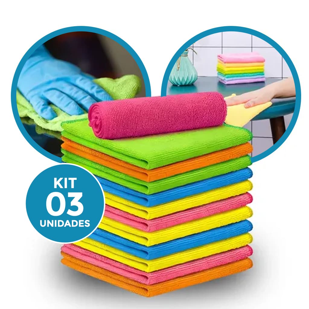 2 Kit C/3 Panos De Limpeza Microfibra 30x30cm 260Gsm Cores Sortidas