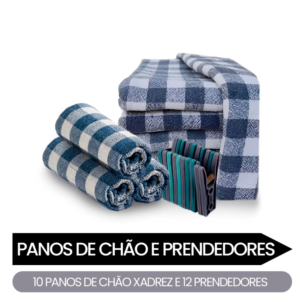 Kit 10 Pano de Chão Xadrez 40x70 + 12 Prendedor de Roupa Resistentes Coloridos