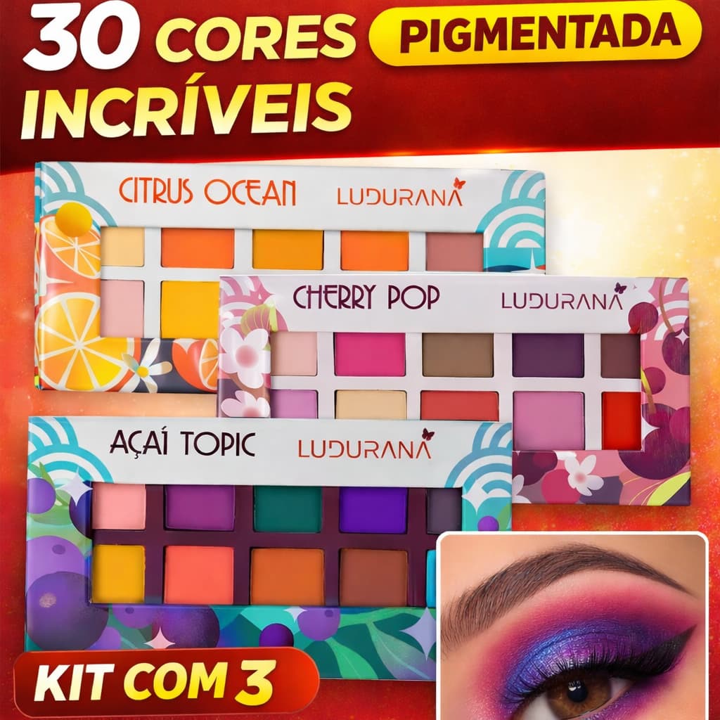 Kit 3 Paletas de Sombras Ludurana 30 Cores Matte Profissional Alta Pigmentação Citrus Cherry Açaí
