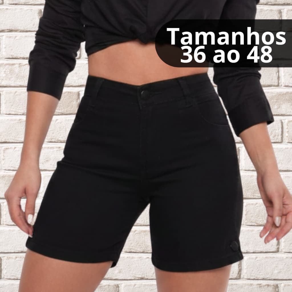Bermuda Meia Coxa Jeans Preto Feminina Cintura Alta com Elastano LUXO