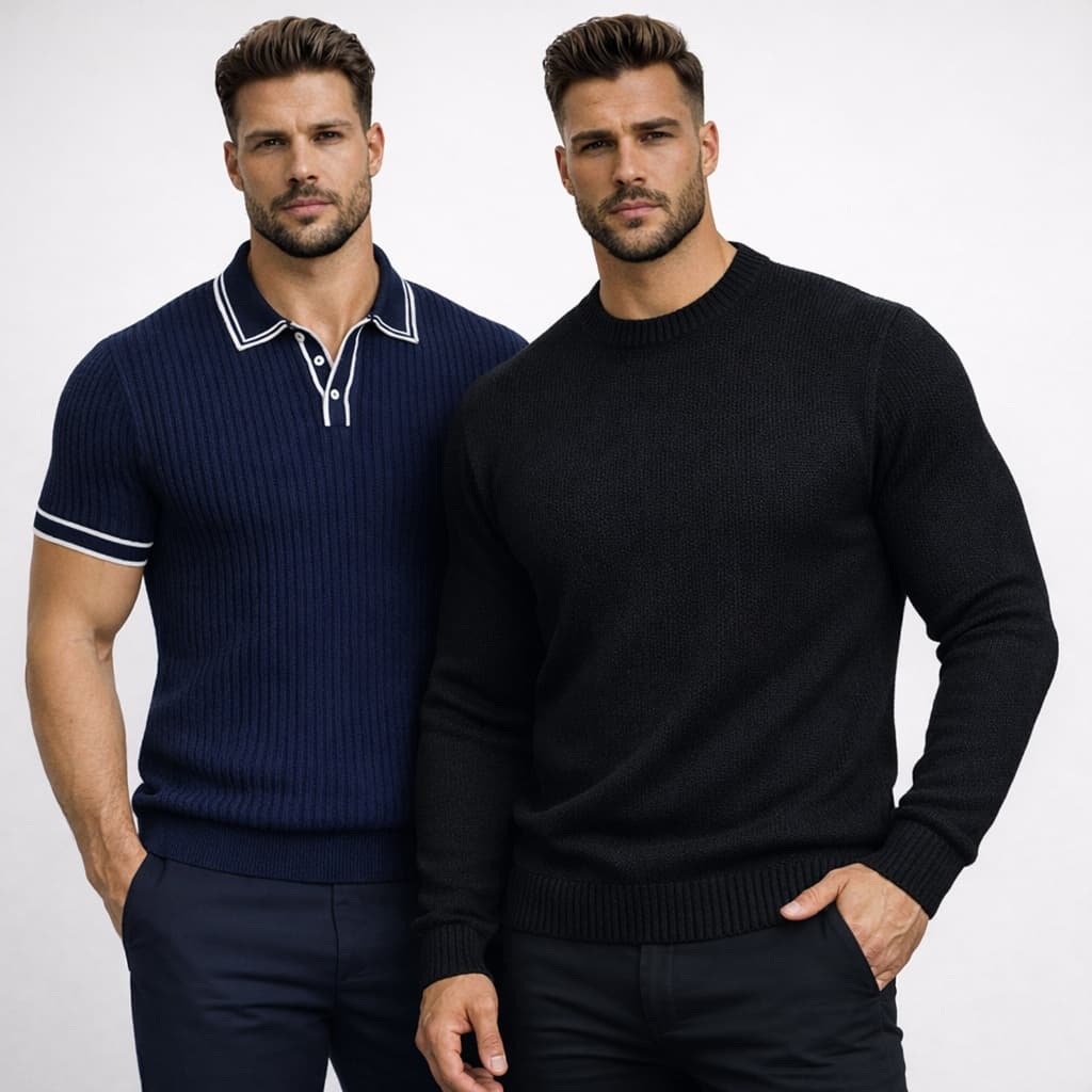 Conjunto Masculino Inverno Suéter Básico Sofisticado Camisa Polo Canelada